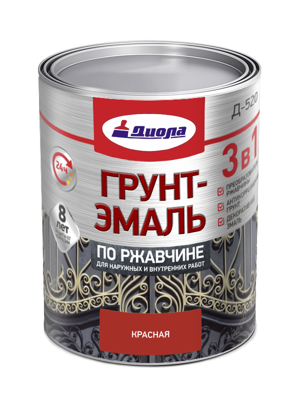 Грунт-эмаль 3в1 по ржавчине Диола-520 0.8кг красный