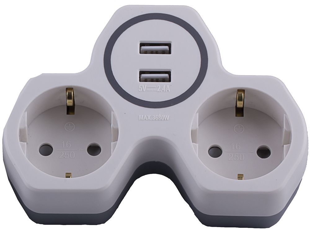 Cетевой разветвитель на два выхода с З/К,250V, 16A и два USB выхода на 2,4А, ADP16-14-20 белый/серый
