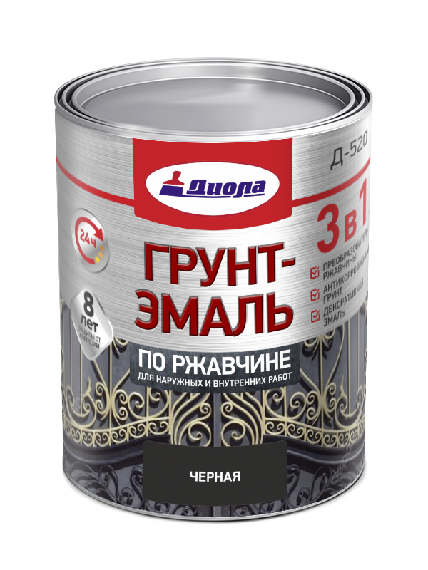Грунт-эмаль 3в1 по ржавчине Диола-520 0.8кг черный