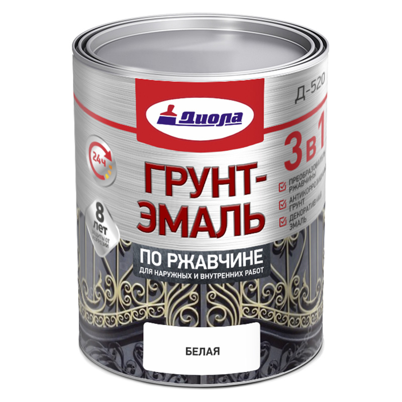 Грунт-эмаль 3в1 по ржавчине Диола-520 0.8кг белый
